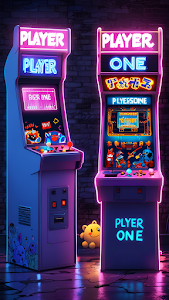 Neon Retro Arcade Cabinets in Dark Synthwave Setting