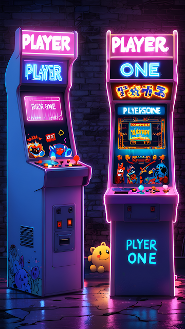 Neon Retro Arcade Cabinets in Dark Synthwave Setting - Free mobile Wallpaper