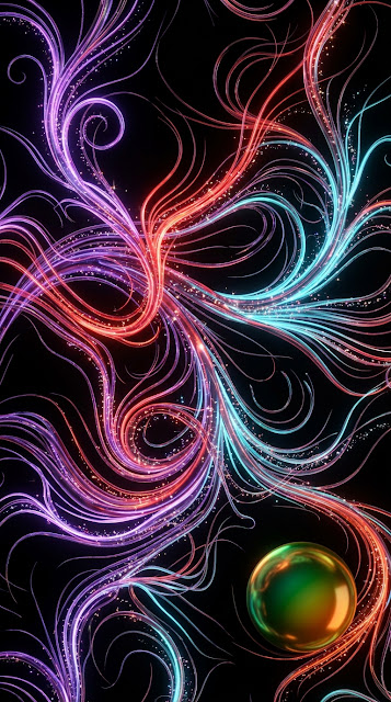 Abstract Glowing Neon Vines with Emerald and Amber Gemstone Orb - Free mobile Wallpaper
