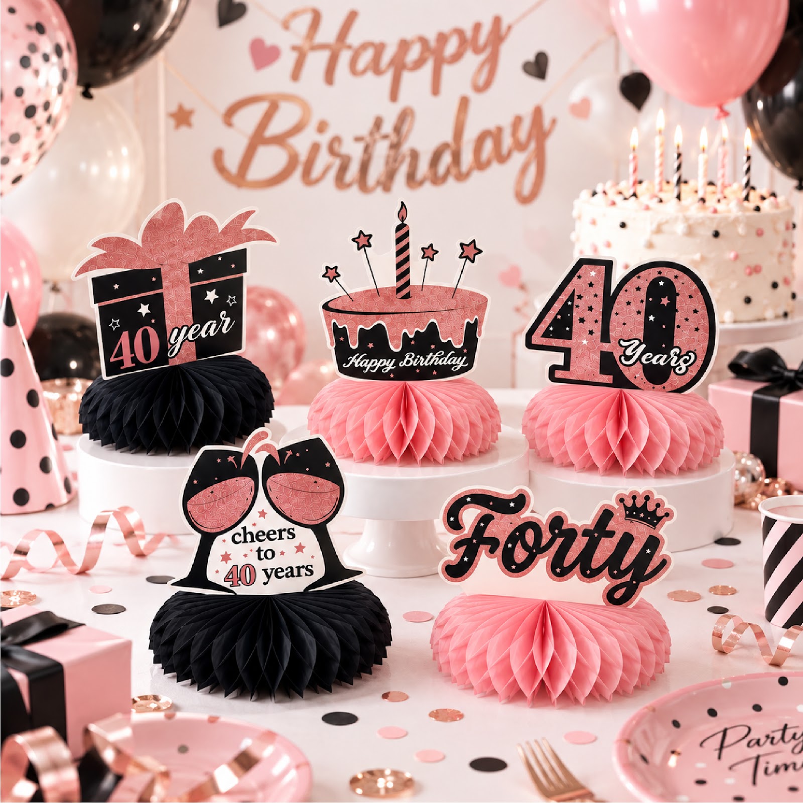 40th Birthday Decorations for Women, Rose Gold and Black Honeycomb Centerpieces for Tables, Cheers to 40 Years Birthday Party Decorations, Birthday Complete Decorations Kit for Her, 6 Packs view 2