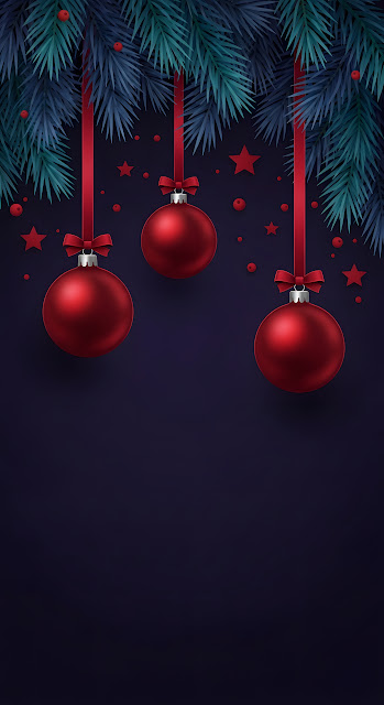 Moody Christmas Red Ornaments Dark Pine Branches - Free mobile Wallpaper