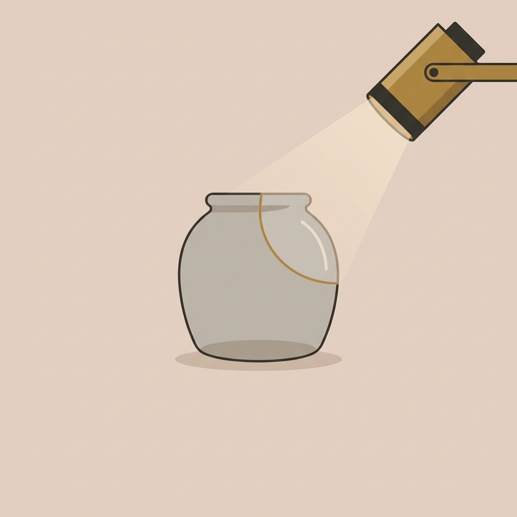 Minimalist 2D vector of a compact UV lamp revealing a repaired hairline on a small ancient roman glass jewelry fragment on a warm beige background