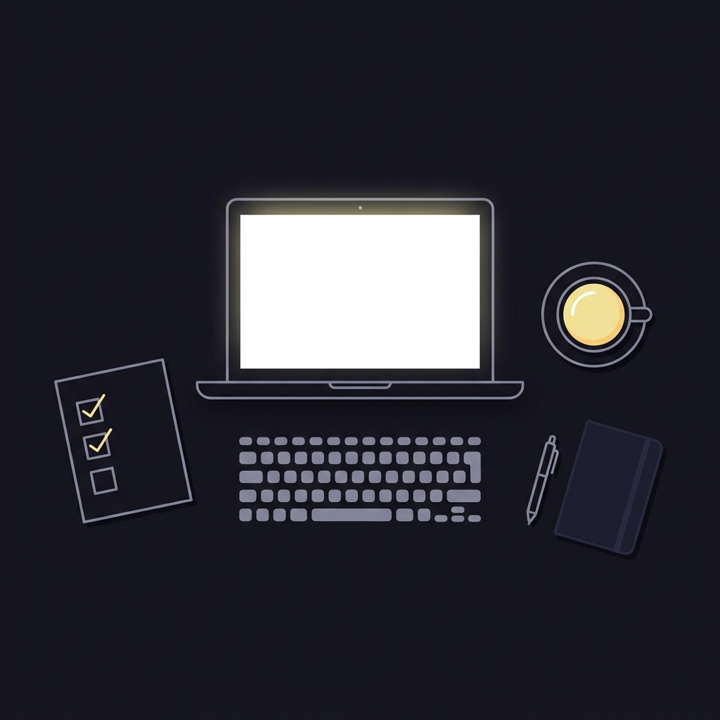 Minimalist top down vector desk with laptop coffee and checklist showing verification checkboxes in Funded Plays colors, clean flat lay composition for bovada football editorial imagery