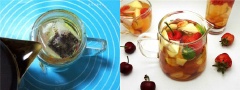 Táo thái hạt lựu. Chuẩn bị ấm thủy tinh và cho các loại trái cây đã cắt vào cùng trà túi lọc. Sau đó, cho nước nóng (khoảng 85 độ C) vào ngập trà và đậy nắp tầm 10 phút. Nếu bạn thích vị trà đậm thì có thể cho nhiều gói trà túi lọc. Khi nước nguội bớt và chỉ còn ấm ấm thì cho mật ong vào, khuấy đều. Lượng mật ong gia giảm tùy khẩu vị. Vậy là chúng ta đã hoàn thành món trà trái cây mật ong cực kì hấp dẫn!