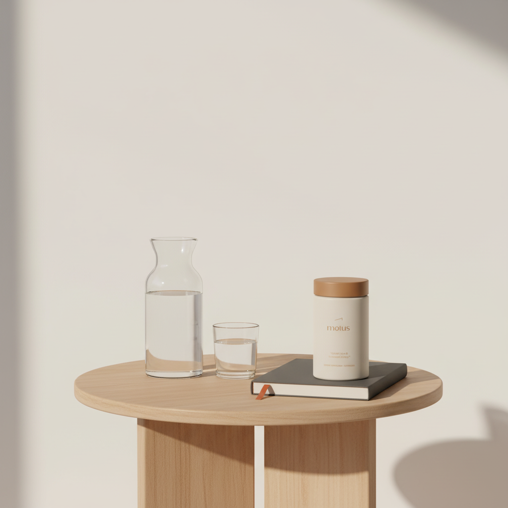Minimalist bedside lifestyle photo with the Motus supplement bottle on a wooden table beside a journal and glass carafe, conveying calm wellness and strongest weight loss pill.