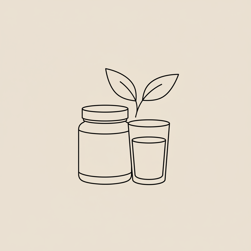 Minimal Tonum-style line illustration of a supplement jar, water glass, and stylized leaf on beige background, representing fiber supplements for weight loss.