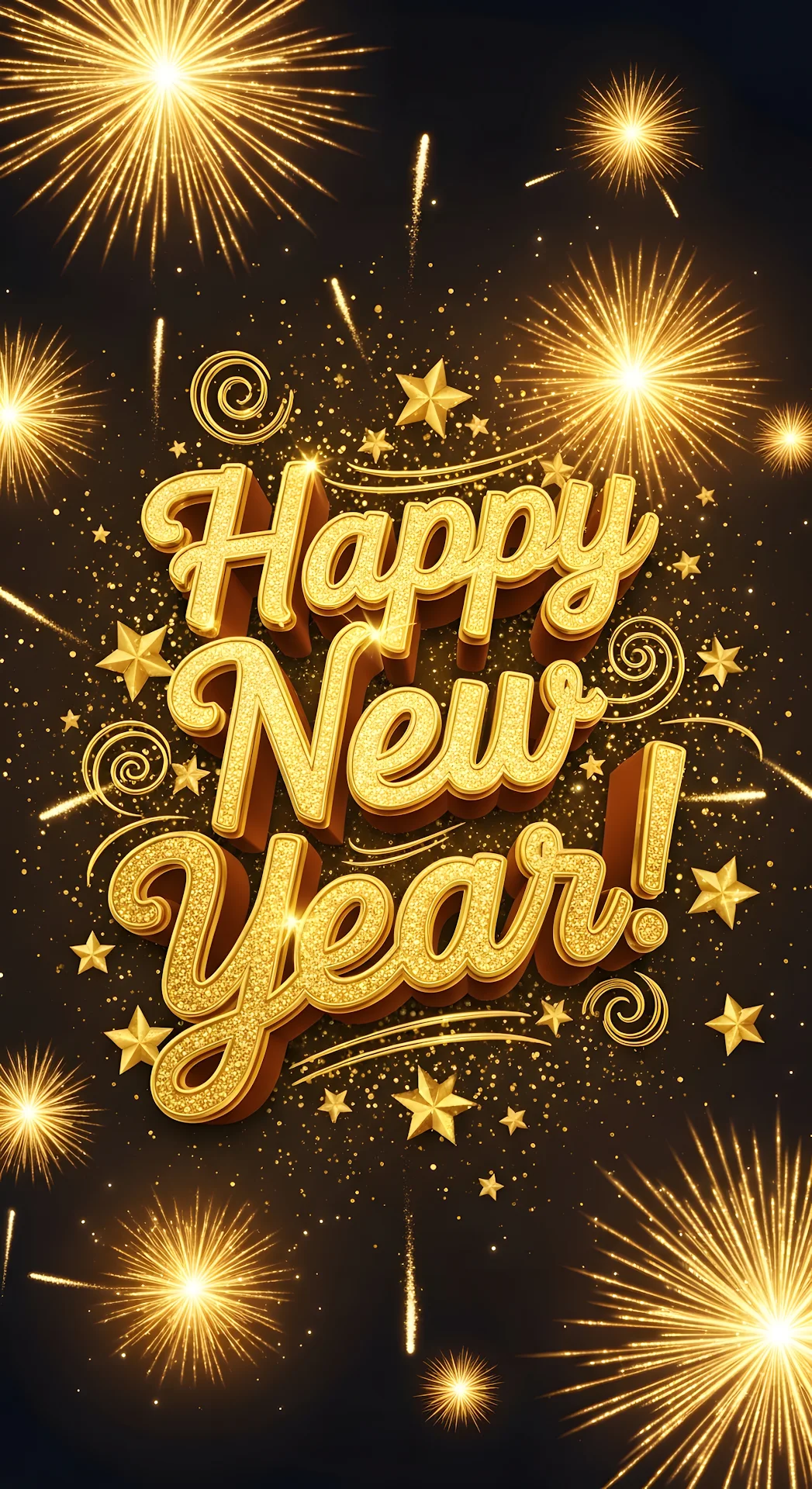 Luxurious Gold Happy New Year 3D Typography and Fireworks Burst - Free 4K mobile Wallpaper