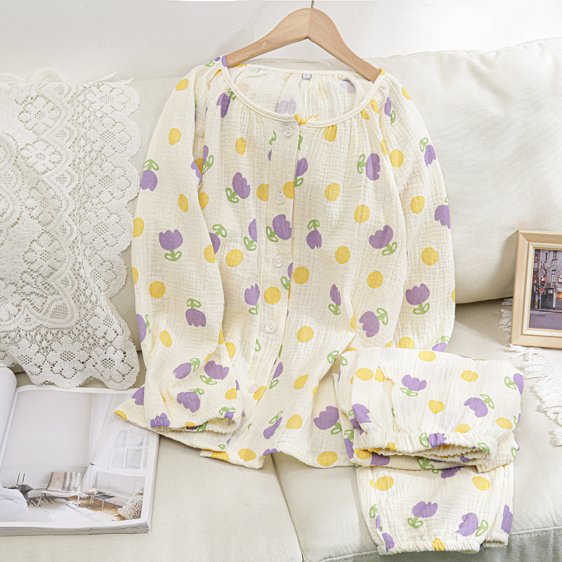 Women's cotton muslin pajama, long-sleeved, breathable