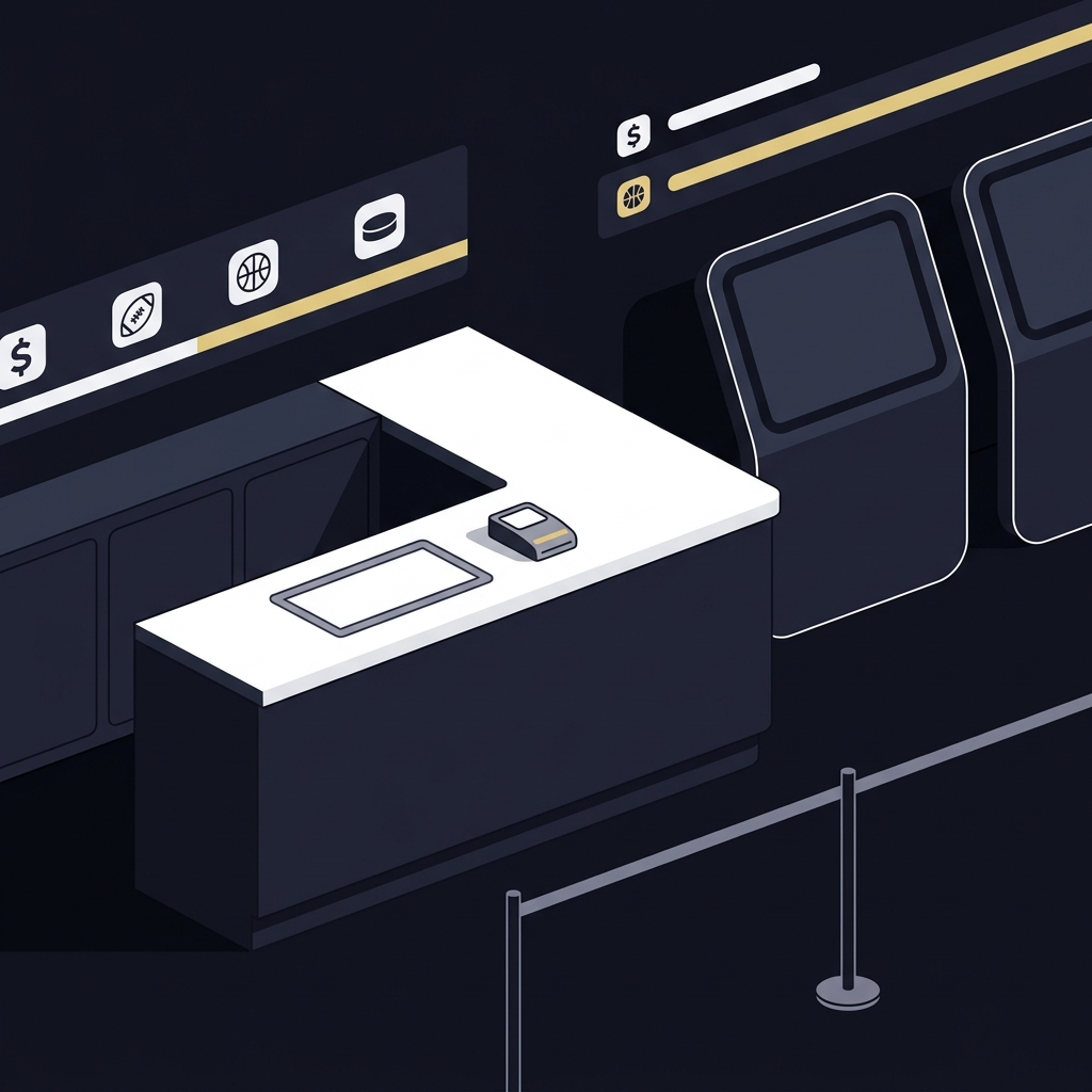 Minimalist 2D vector interior of a casino retail sportsbook counter in Funded Plays colors illustrating on site mi sports betting with clean geometric shapes and subtle accent highlights