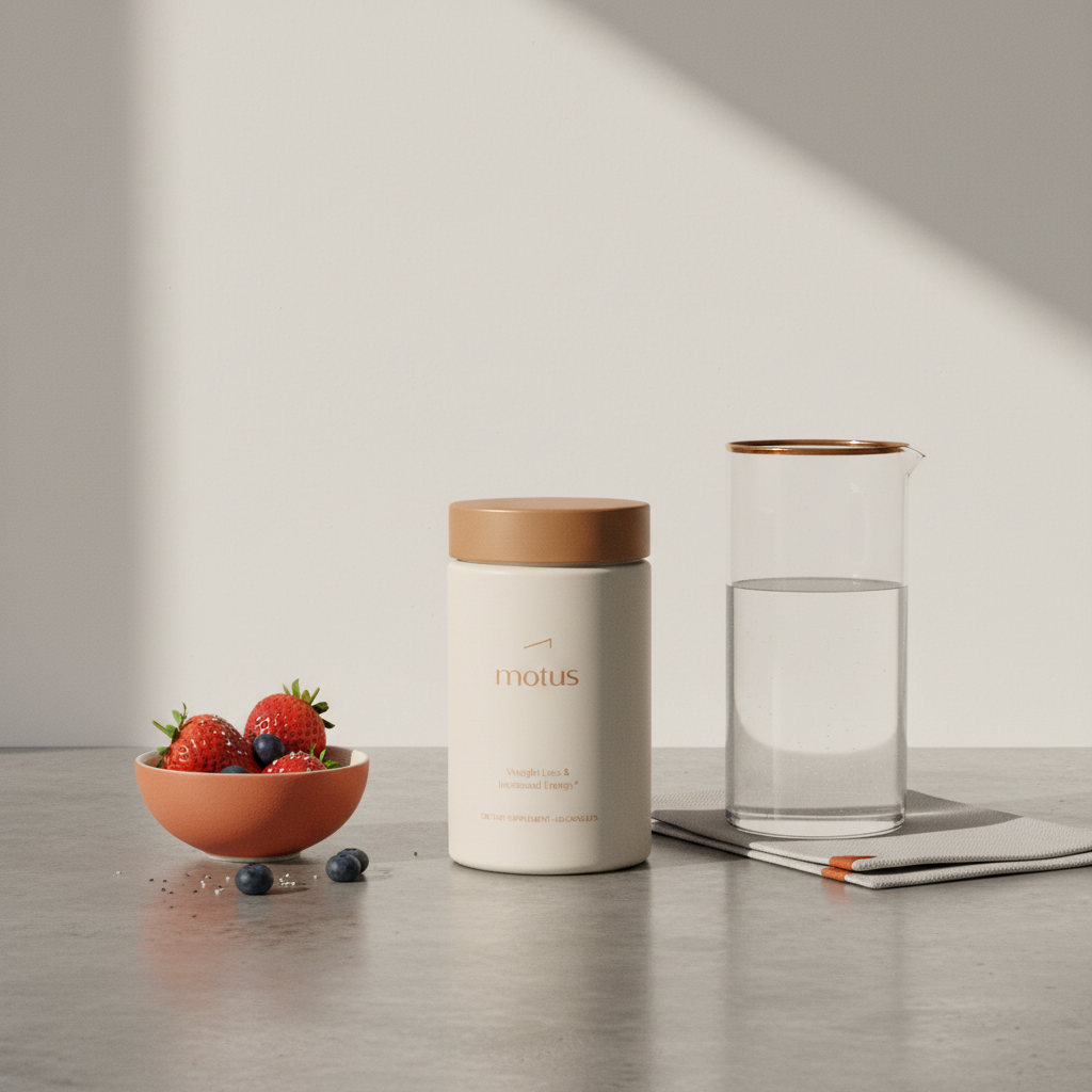 Motus supplement jar on a tidy countertop beside a bowl of berries and glass carafe, showcasing CLA weight-loss supplement for energy and nutritional wellness.