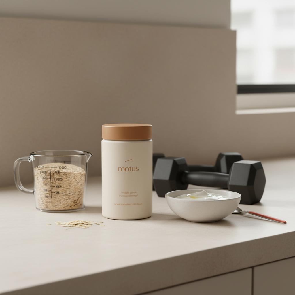 Minimalist kitchen counter with Motus supplement next to a measuring cup of oats, a bowl of Greek yogurt and hex weights, illustrating daily protein-focused routine — do you burn muscle or fat first