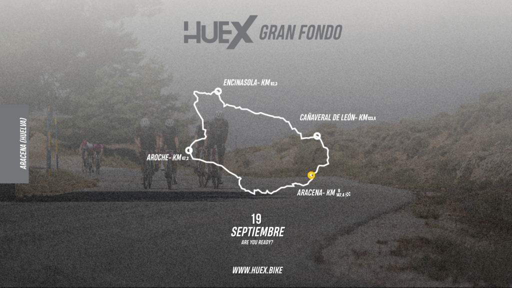 Map of the 2026 HUEX Gran Fondo, showing its circular route from Aracena through the western Sierra.