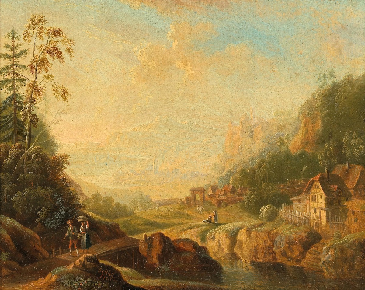 An extensive river landscape with wanderers