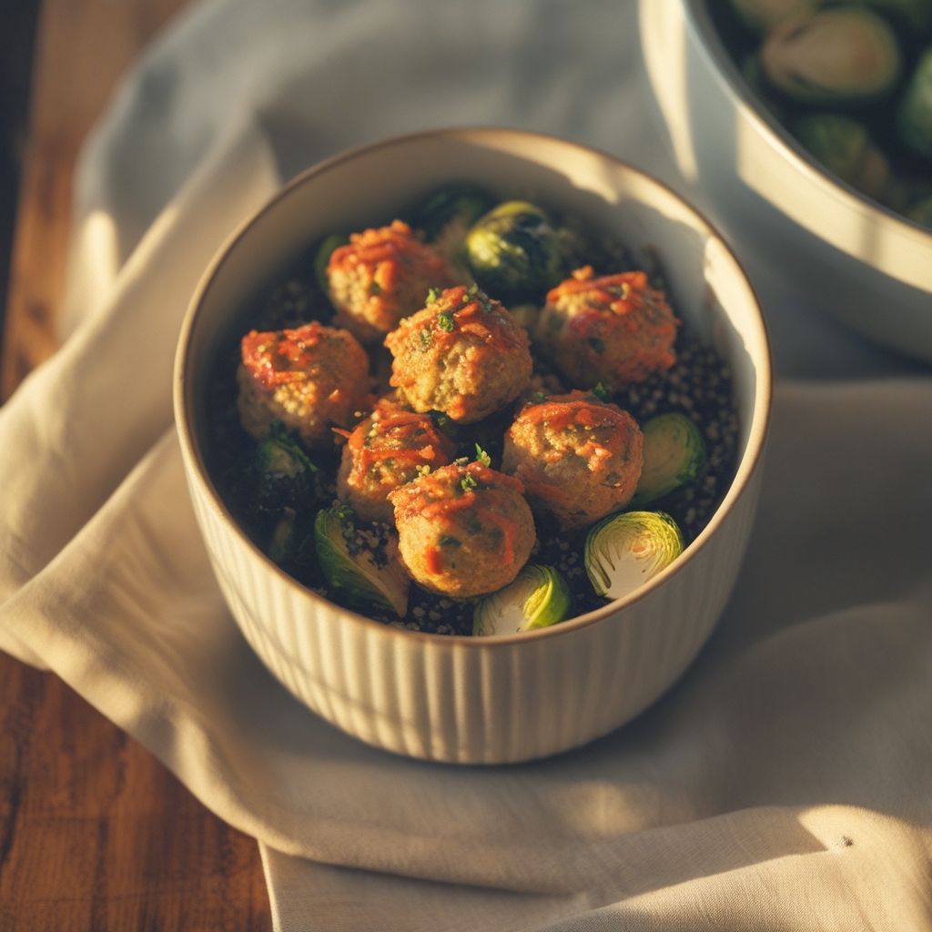 Tangy Maple Dijon Turkey Meatballs with Quinoa & Roasted Brussels