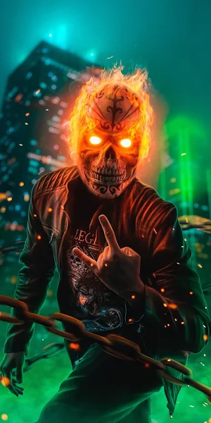 Ghost Rider, Flaming Skull, Leather Jacket, Metal chain 5K iPhone Wallpaper Background
