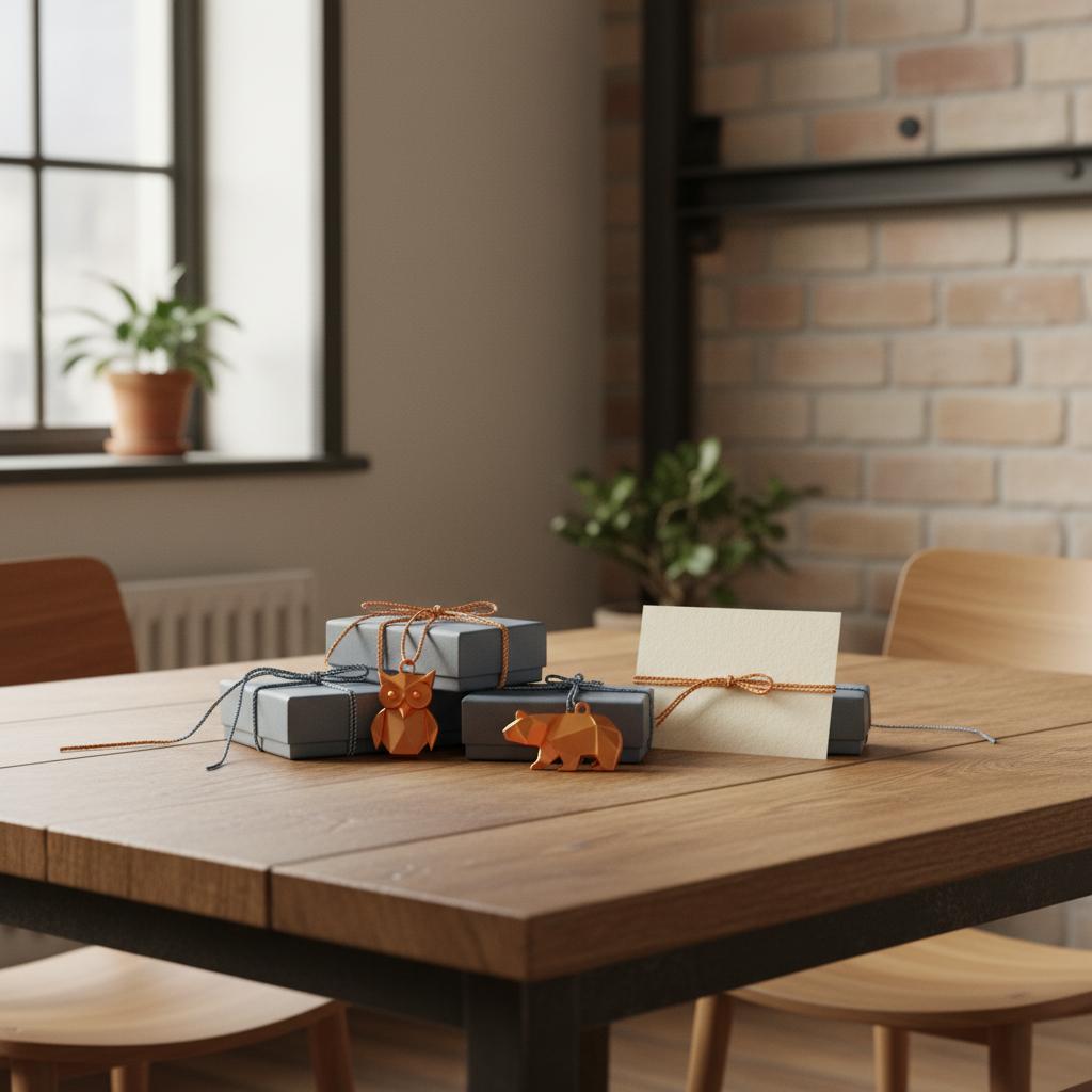 Intime Esstischaufnahme mit Geschenkdetails (kleine Boxen, Anhänger, Karte) in Steelmonks-Farbwelt, Akzente #ff9800 und #0044CC – glückwünsche zur schwangerschaft