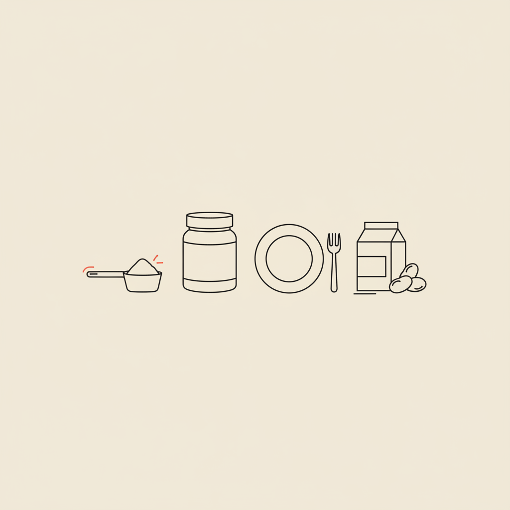 Minimalist vector line illustration of a measuring scoop, protein jar, plate with fork, milk and beans on beige background for protein powder in pregnancy