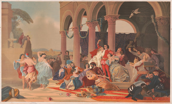 Men and women of upper economic class eat drink and are entertained by dancers a