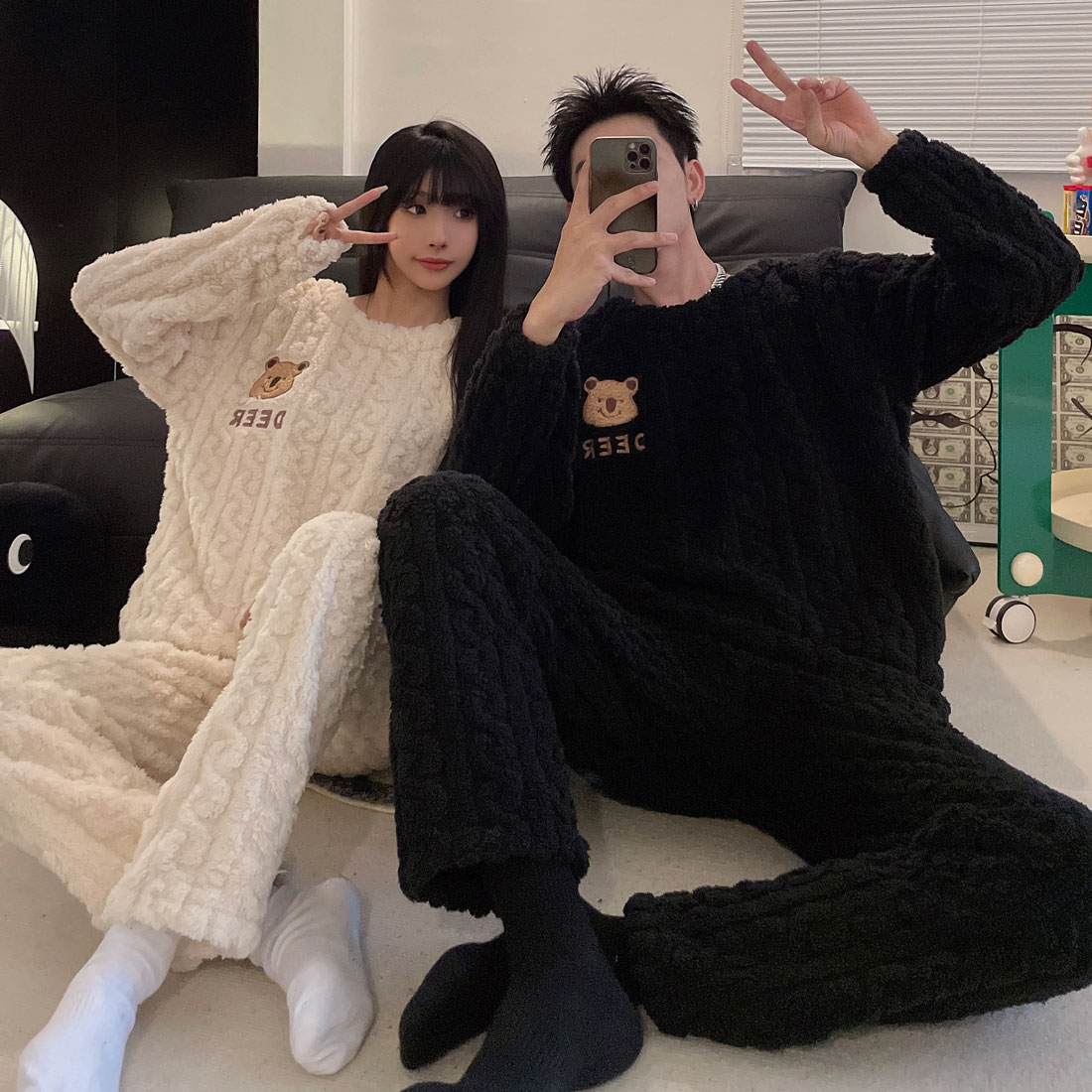 Lined Flannel Loungewear Set for Couples with Zipper
