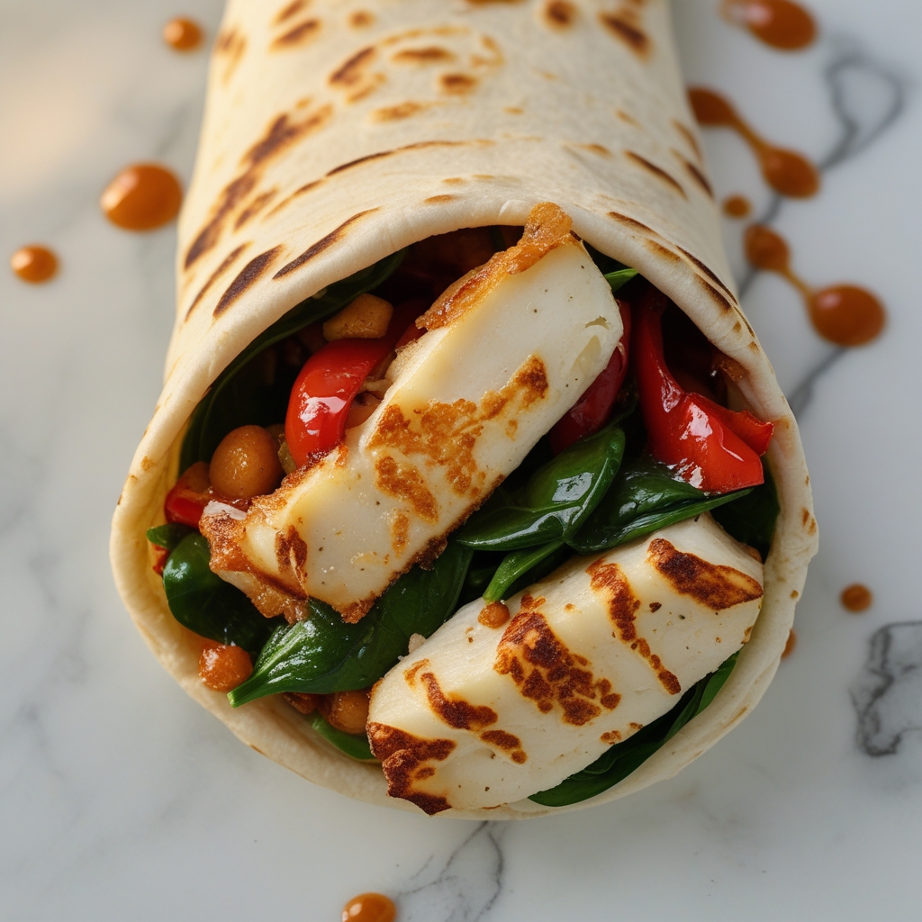Final Spicy Halloumi & Roasted Red Pepper Protein Wraps with Harissa Yogurt Sauce