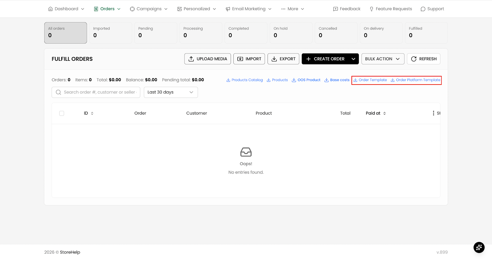 Bước 2: Tải Order Template hoặc Order Platform Template