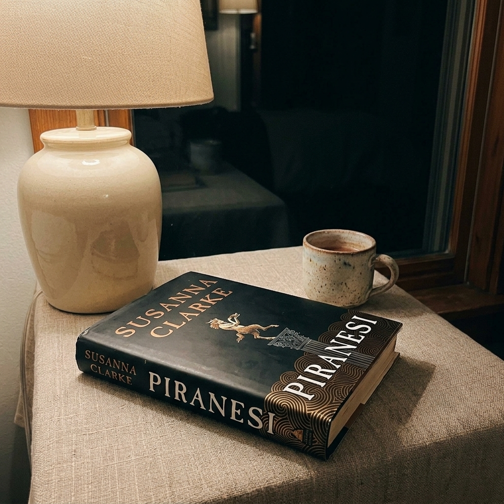 An open novel on a nightstand beside a small lamp in soft warm light