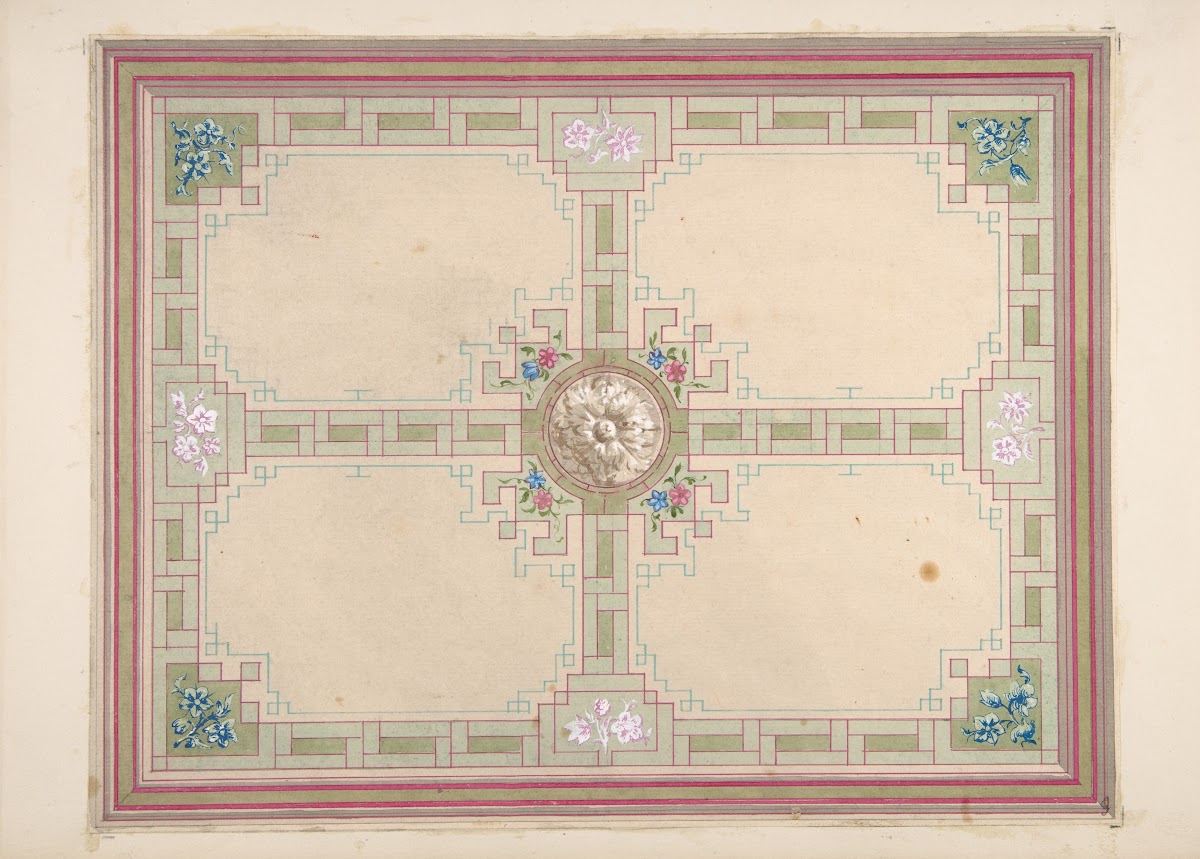 Design for a ceiling with floral accents and Greek key border 19th Century