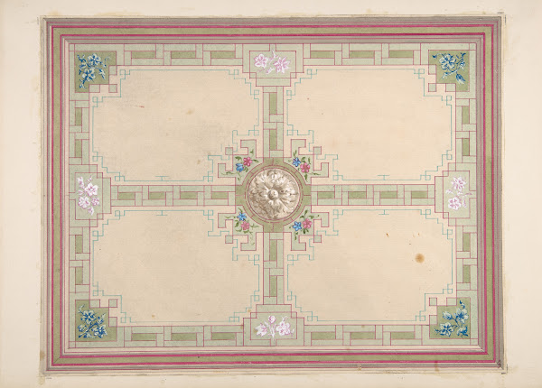 Design for a ceiling with floral accents and Greek key border 19th Century