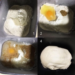 Cho 600gr bột mì, 6gr men nở, 1 quả trứng, 280gr nước, 48gr đường vào âu trộn đều thành khối bột dẻo mịn. Thêm 12gr muối và 40gr dầu ăn vào nhào đều sau đó ủ bột nở gấp đôi.