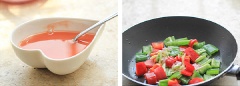 Cho 2 muỗng canh nước sốt cà chua, 1 muỗng cà phê đường, 2 muỗng canh nước, 1 muỗng cà phê bột bắp, 2 muỗng cà phê rượu vào chén, trộn đều và đặt sang một bên. Làm nóng chảo trở lại với khoảng 1 muỗng canh dầu, chờ dầu nóng, trút ớt chuông, tỏi, gừng sợi và phần đầu hành trắng còn lại vào xào cho đến khi hơi mềm.