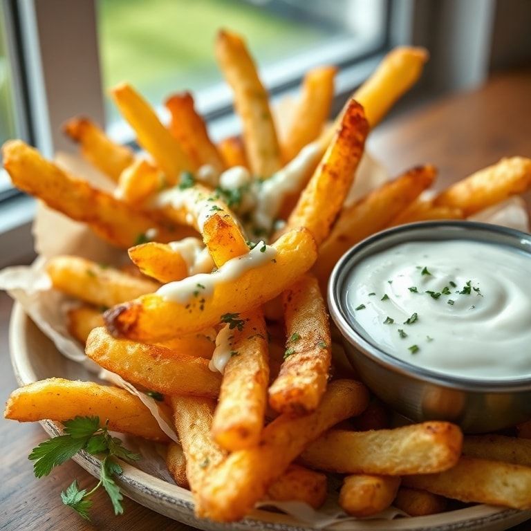 Crispy Homemade Fries with Easy Garlic Yogurt Dip – Quick & Crispy Delight