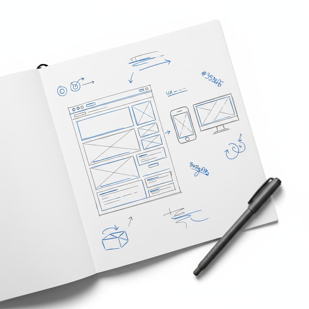 Close-up open notebook with sketched website wireframes (homepage, mobile &amp; desktop), pen and UX margin notes &mdash; image for how much should i pay someone to build my website