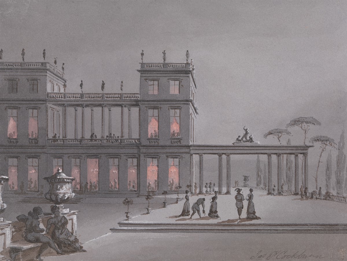 An Italian Fete Figures on Terrace of a Palazzo