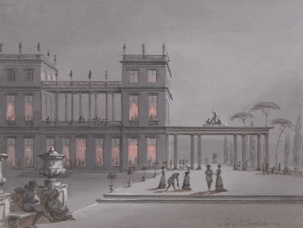 An Italian Fete Figures on Terrace of a Palazzo
