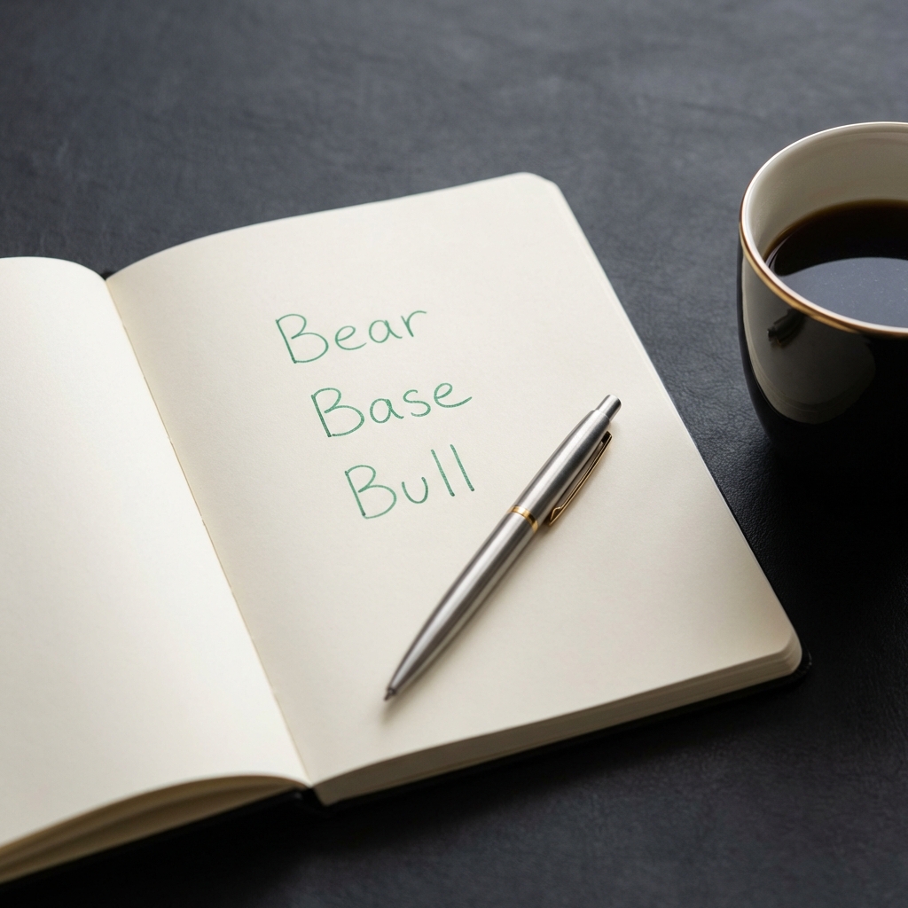 Close up of a financial notebook with handwritten Bear Base Bull headings beside a cup of coffee on a dark background What is the target price for COIN stock?