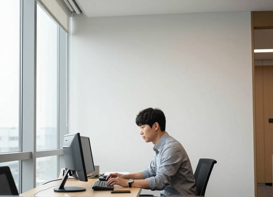 창가에서 햇볕을 쬐며 일하는 한국인 직장인