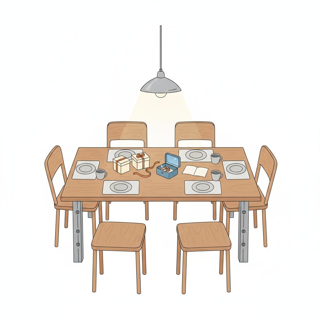 2D-Vektor-Illustration eines gemütlichen Wohnzimmers mit Holztisch, Geschenken, geöffneter Metallbox und Karte, warmes Licht und leichter Industriestil — wie gratuliert man seinem partner zum jahrestag