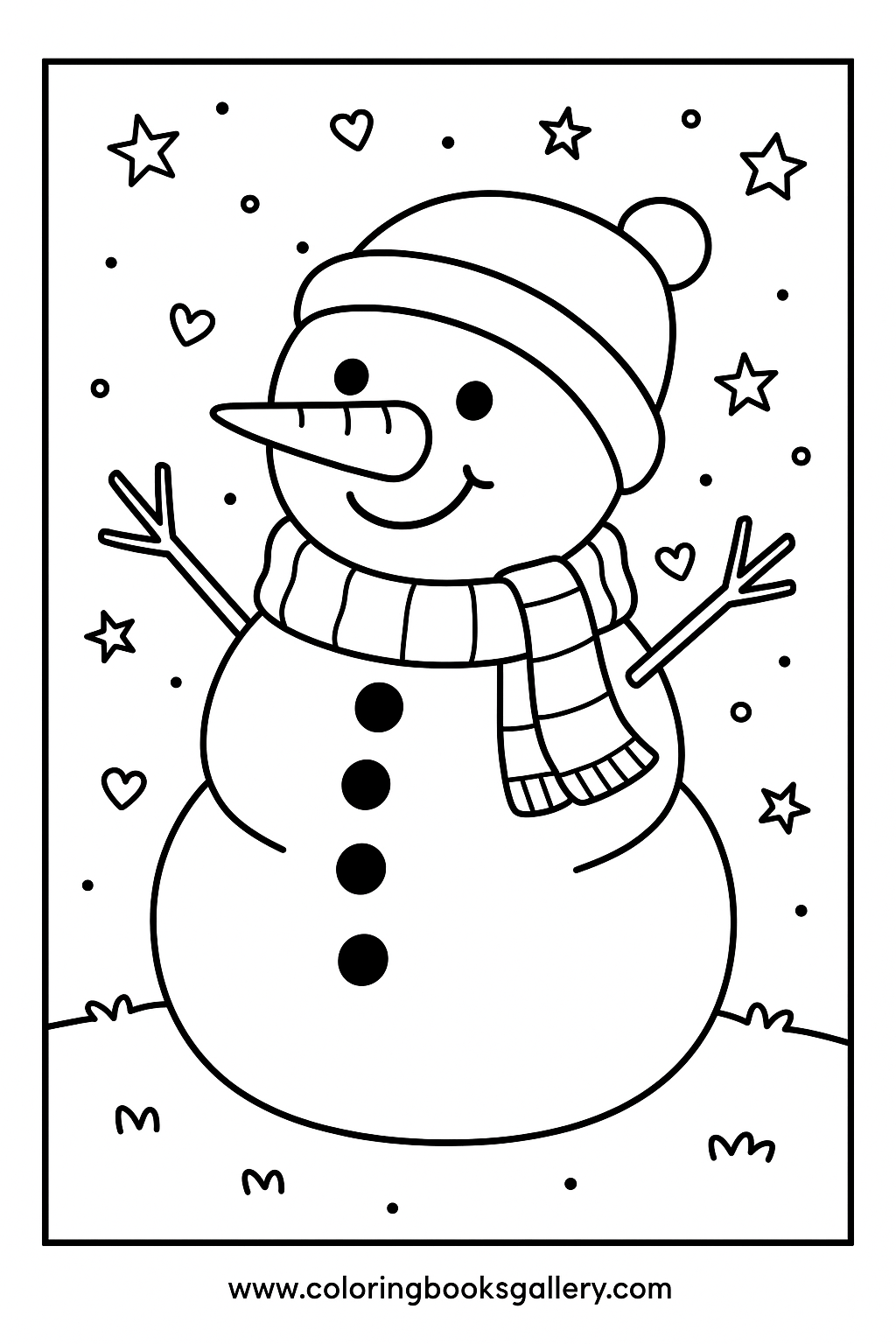 Snowman with a carrot nose and scarf – Free Printable Coloring Sheet for Kids and Adults – printable coloring page