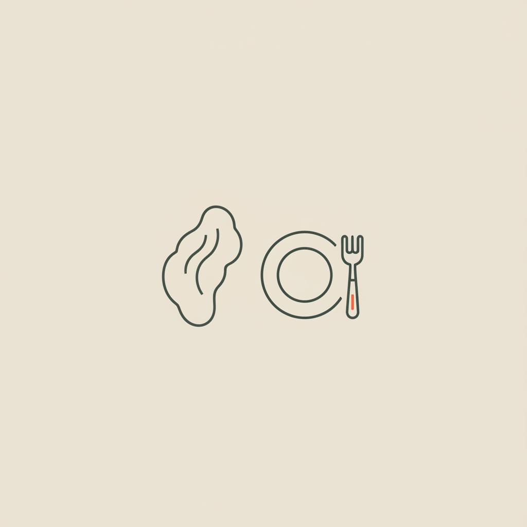 Minimalist Tonum-style vector line illustration of an adrenal gland outline beside a small plate with fork on beige background, symbolizing adrenal insufficiency and appetite link.