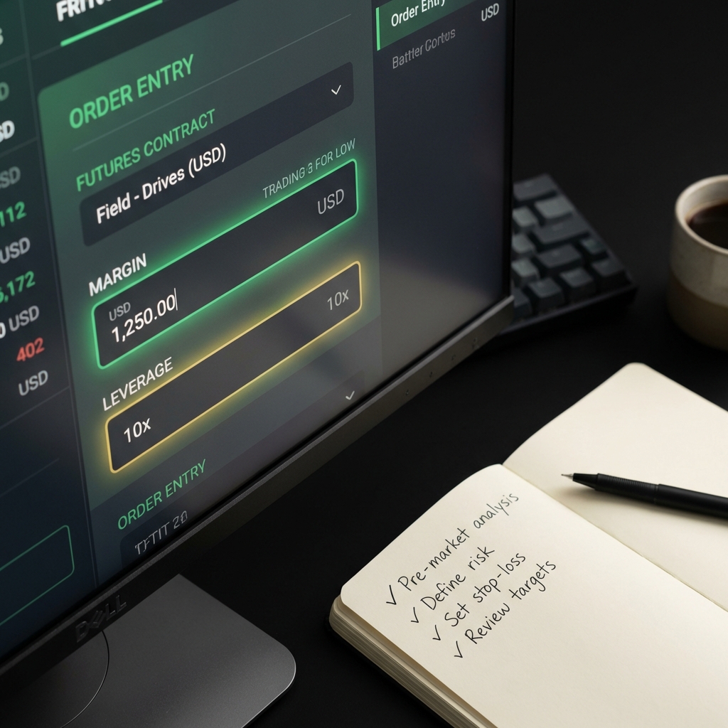 Close up of a screen showing a futures order entry with highlighted margin and leverage fields and a notebook checklist for crypto futures trading