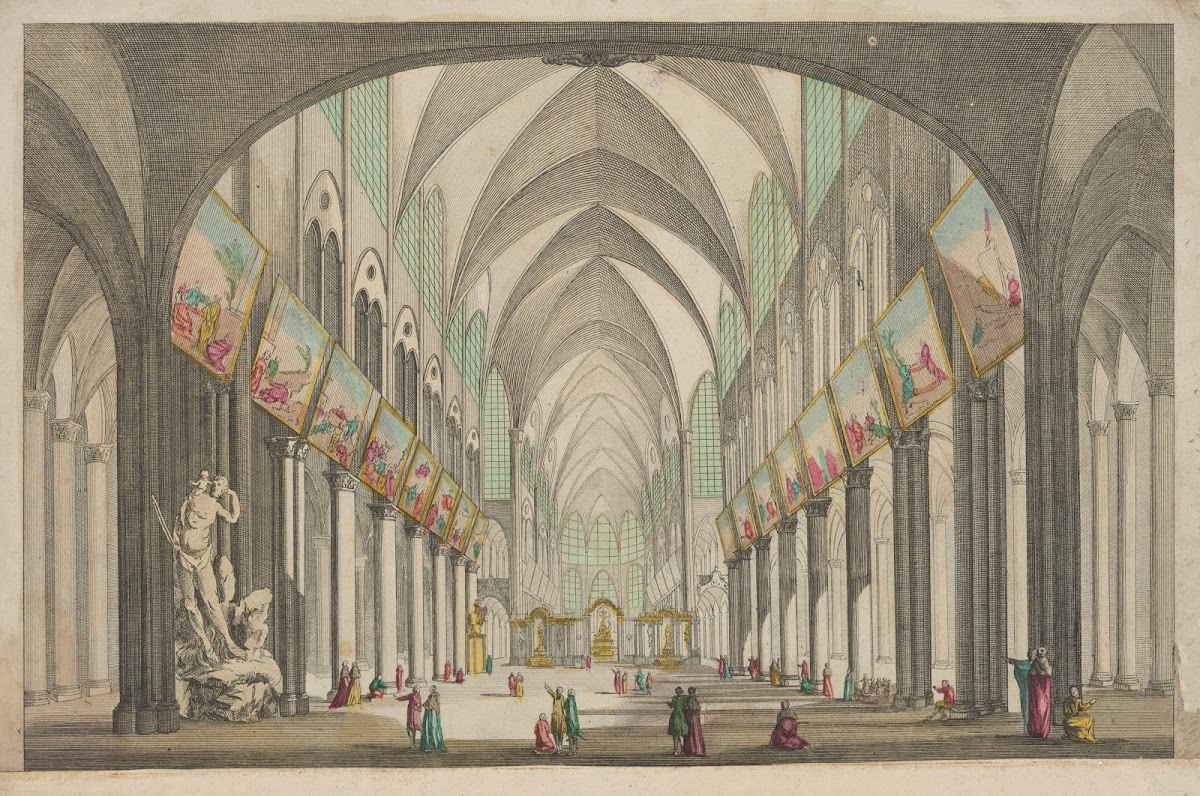 Perspective view of the interior of Notre Dame Cathedral in Paris 1750