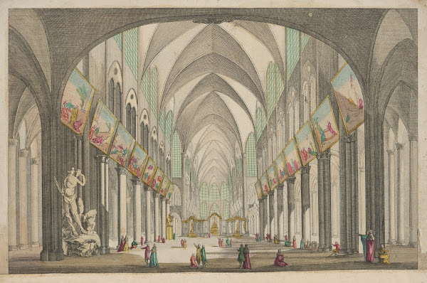 Perspective view of the interior of Notre Dame Cathedral in Paris 1750