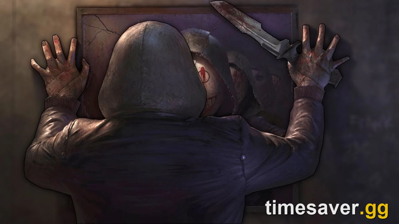 Dead by Daylight Darkness Among Us teaser art showing a hooded Legion member raising a knife in front of a mirror reflecting three more masked faces