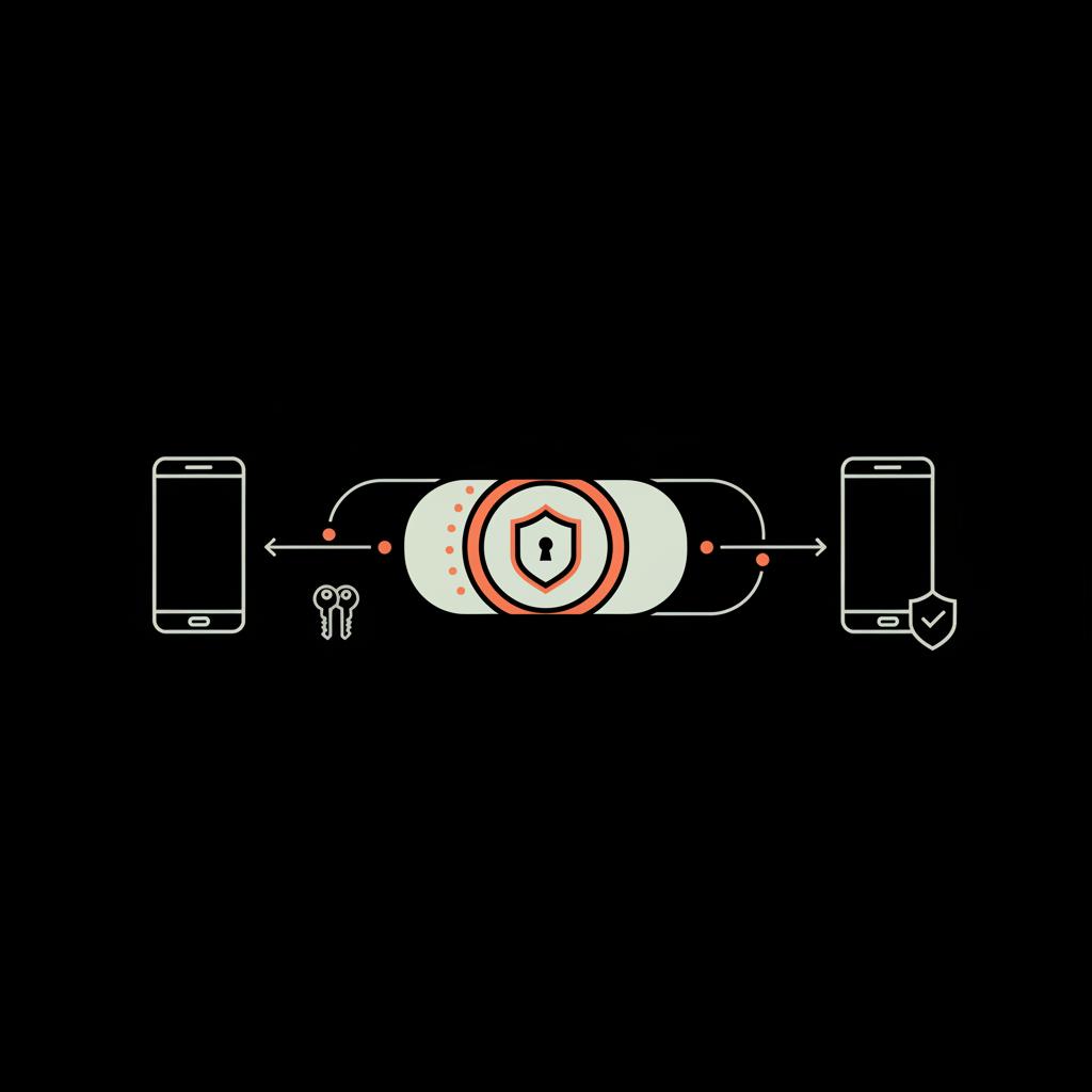 Minimal vector infographic of message encryption flow (sender → encrypted transport → recipient) in Social Success Hub palette — who owns signal