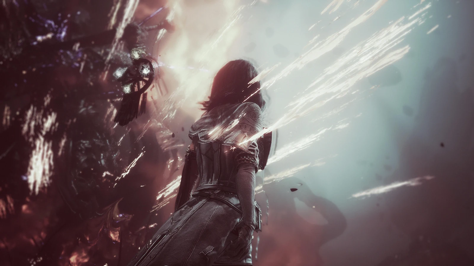 Female Warrior Facing Cosmic Storm - Cinematic Game Screenshot 4K Wallpaper (3840x2160)