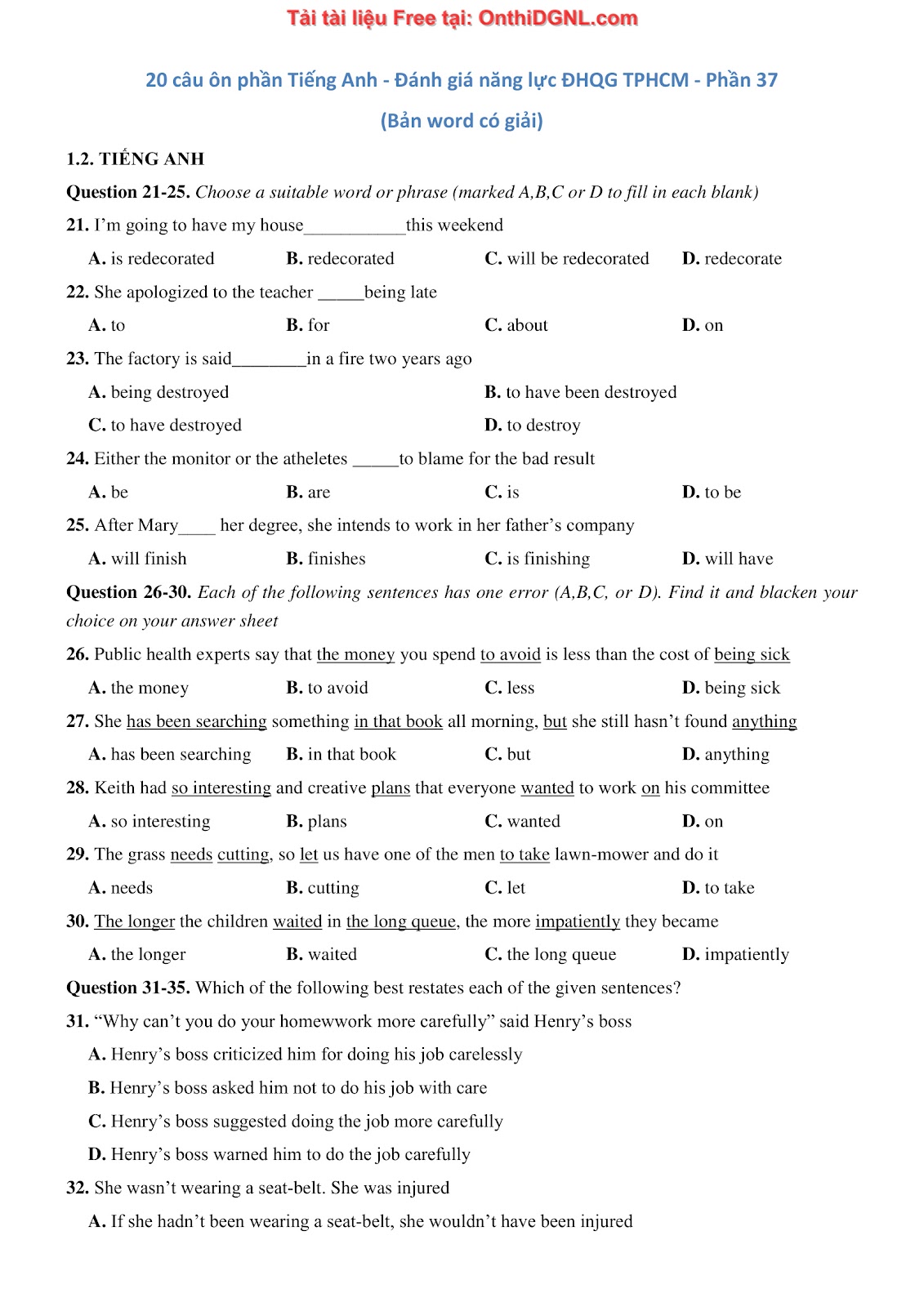 800 bài tập môn Tiếng Anh - Ôn thi ĐGNL ĐHQG TP HCM Phần 37