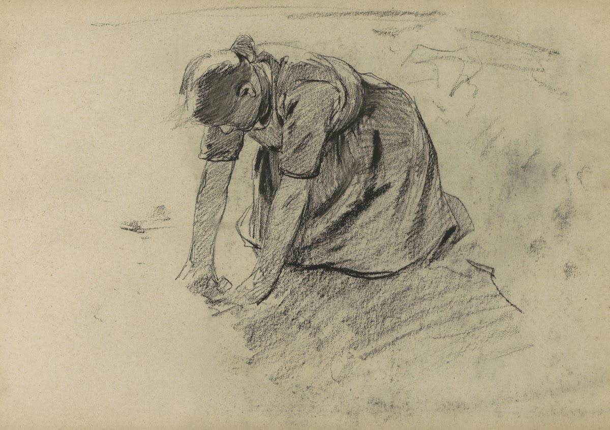 Knielende jonge vrouw op het land 1882 1884