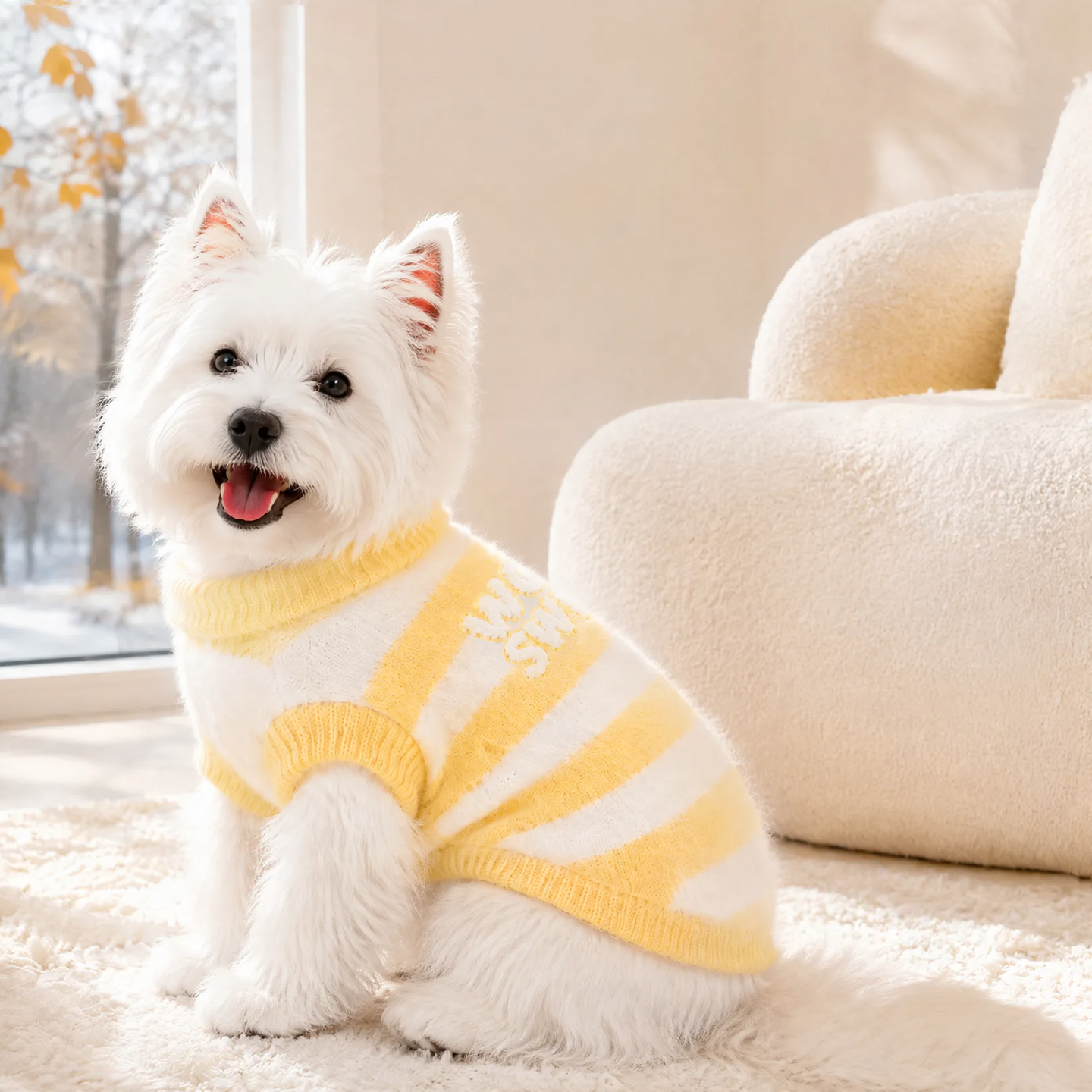 Knitted sweater for pets, sleeved, striped pattern