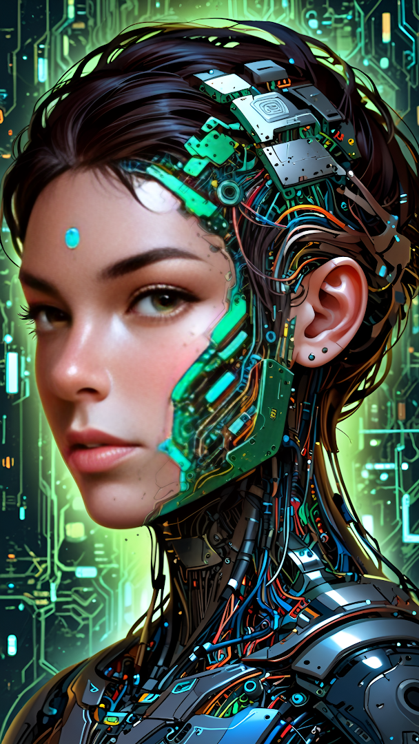 Cyborg Woman with Exposed Circuitry and Glowing Tech