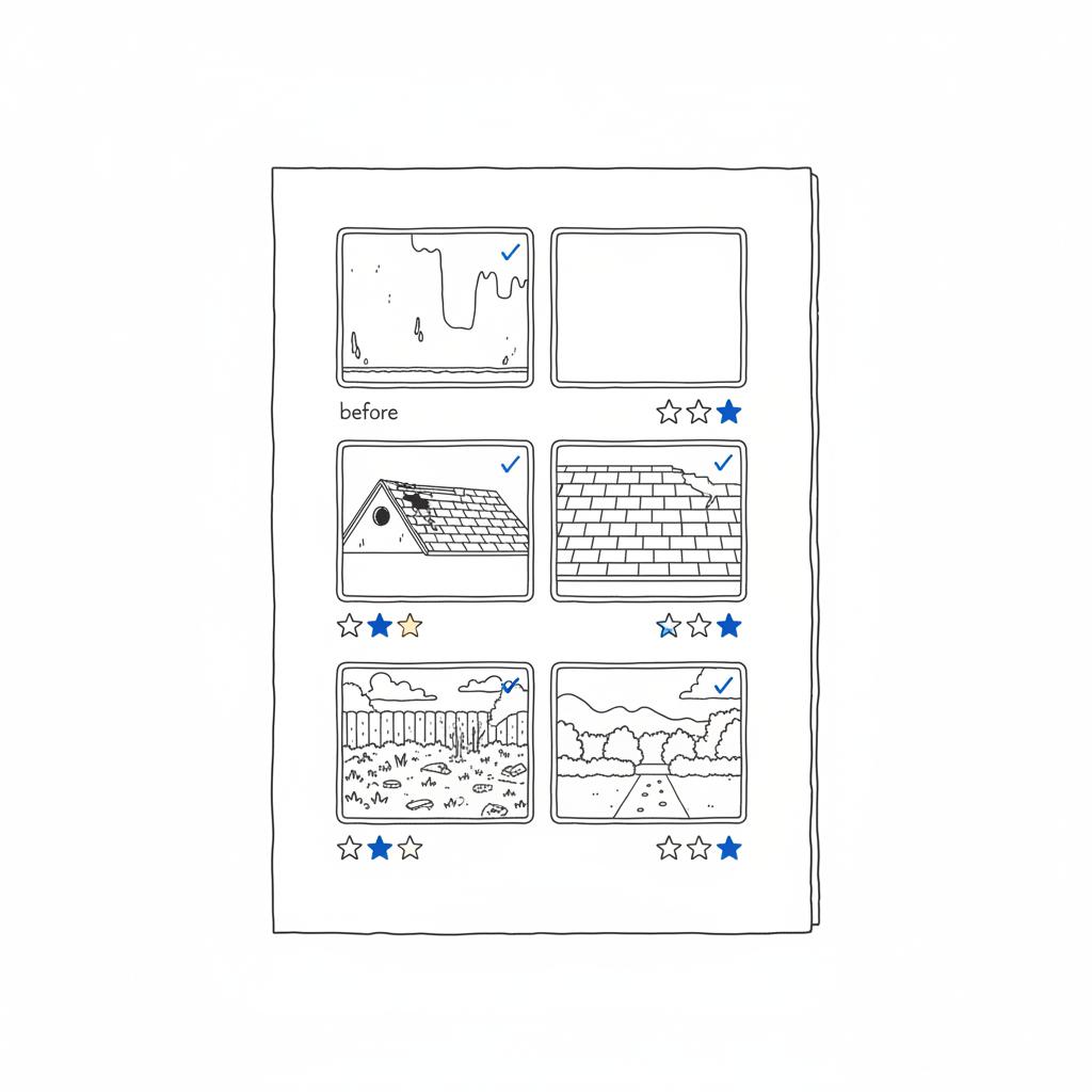 Minimalist 2D vector contractor notebook page showing three before-and-after thumbnail sketches (painted wall, repaired roof, landscaped yard) with blue checkmarks and star reviews &mdash; Thumbtack pricing